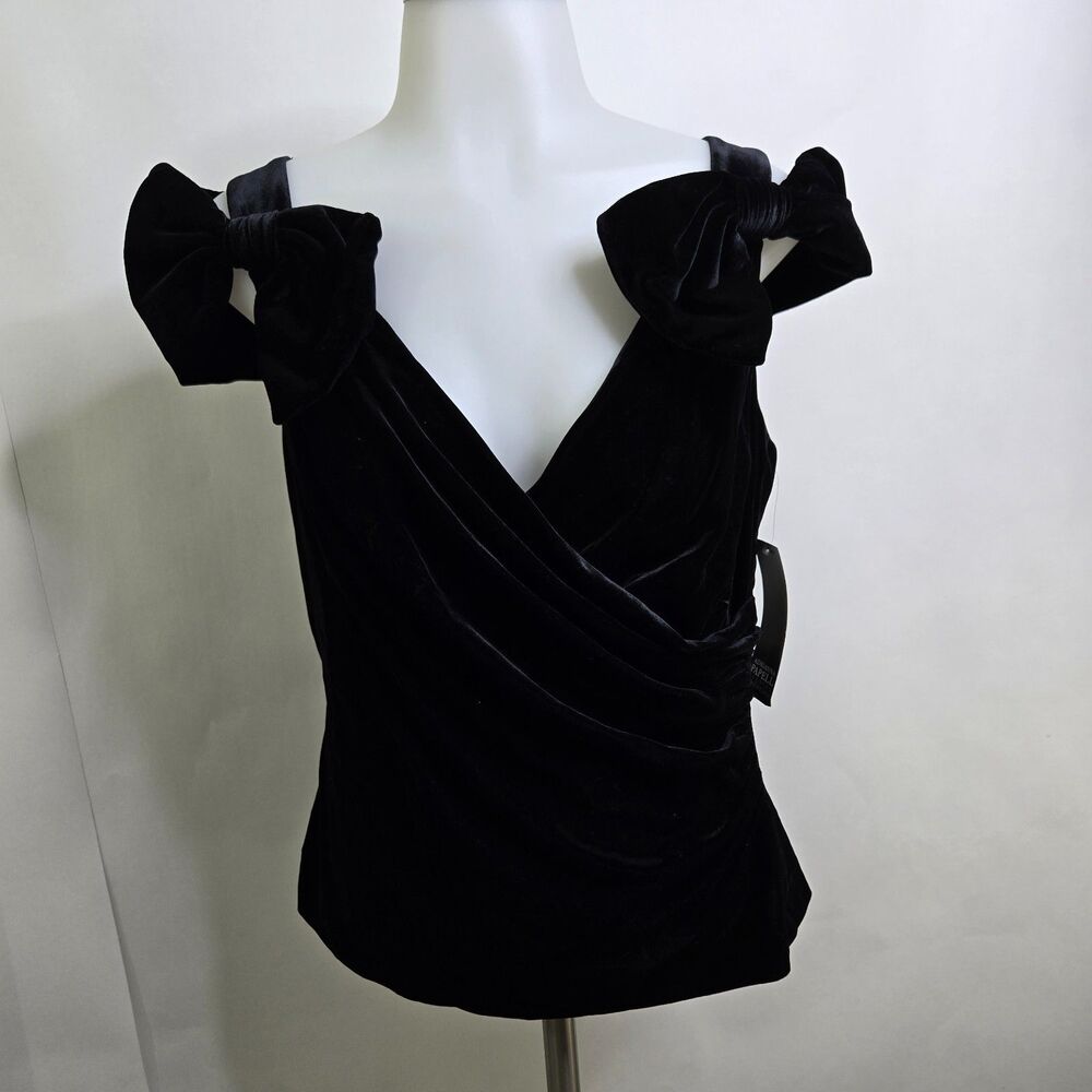 Adrianna Papell Evening Velvet Top Womens 12 Black Off Shoulder Bow Draped New